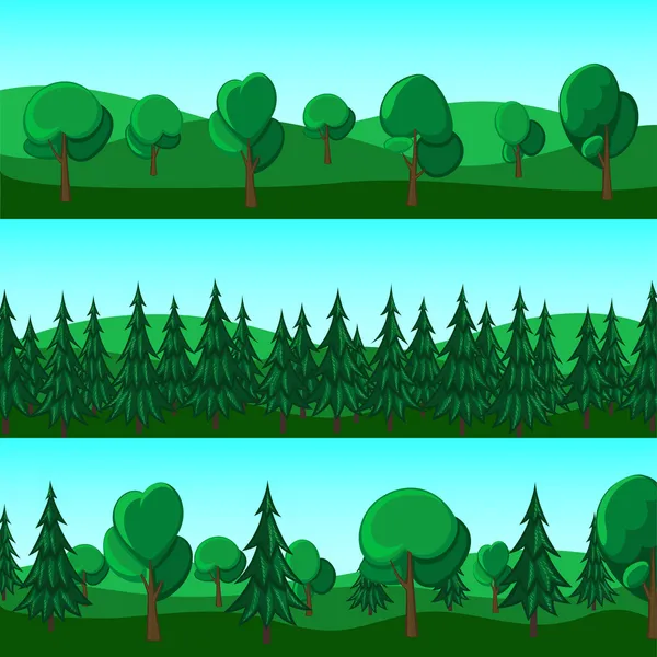 Bandeiras de desenhos animados horizontais de colinas e árvores — Vetor de Stock