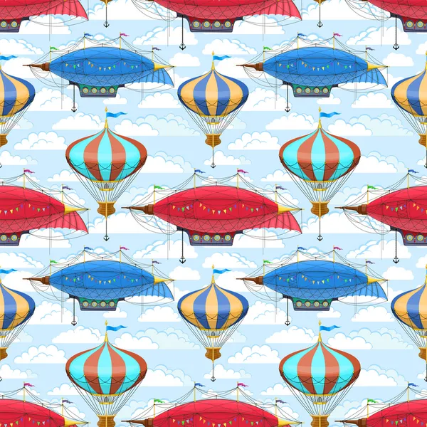 Naadloze patroon met luchtschepen en lucht ballonnen in de lucht — Stockvector