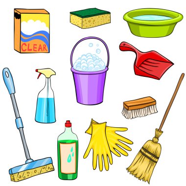 Cleaning supplies cartoon set clipart