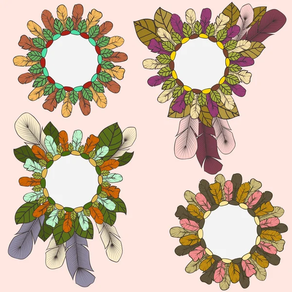 Collection de cadres ronds de plumes et de feuilles dans le style boho — Image vectorielle