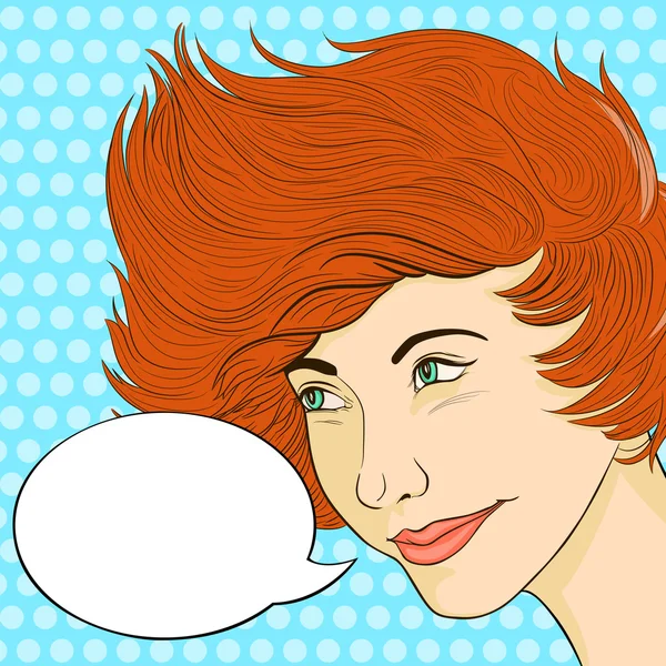 Konuşma balonu ile gülümseyen retro Kızıl saçlı kadın — Stok Vektör
