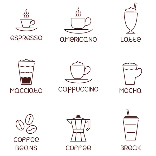 Collection of linear coffee icons with descriptions — Stock Vector