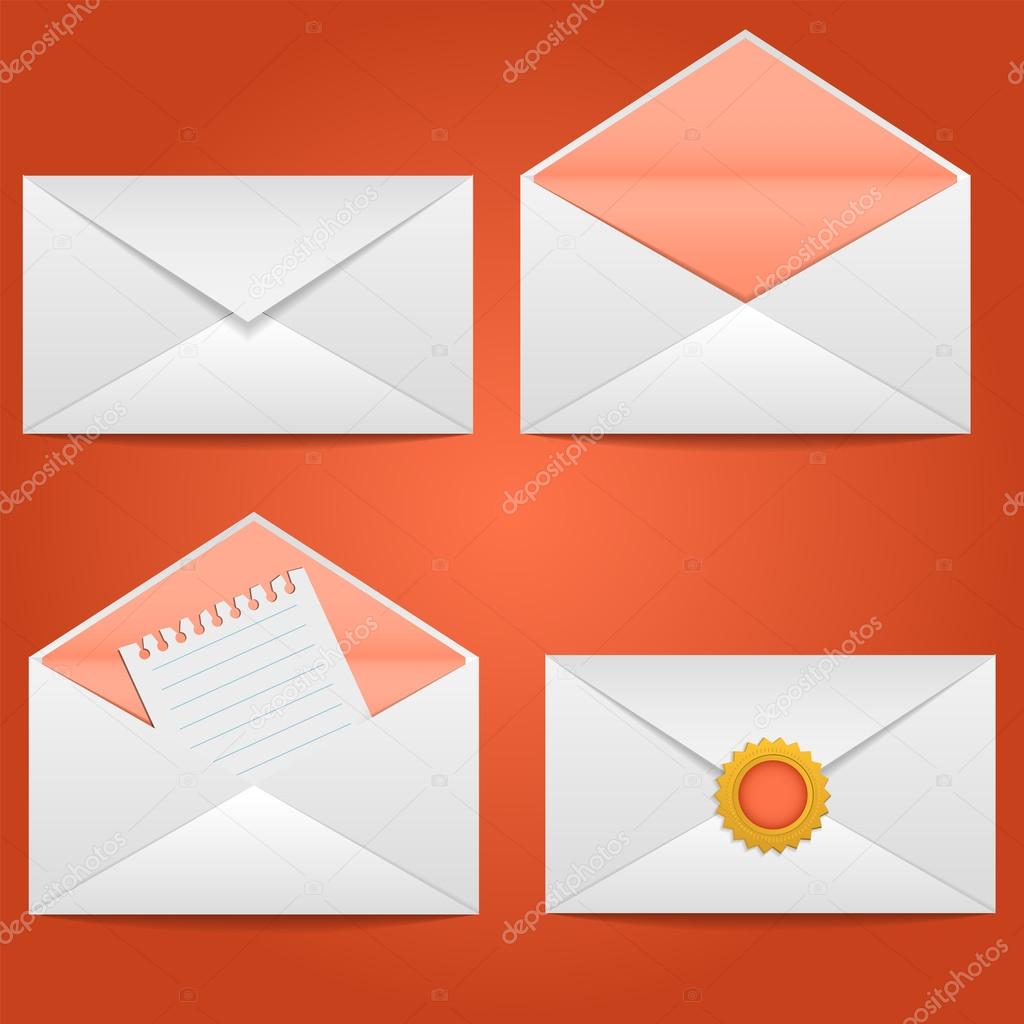 Set of envelopes open, closed, sealed, with a letter