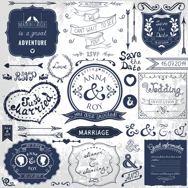 Retro hand drawn elements for wedding invitations — Stock Vector