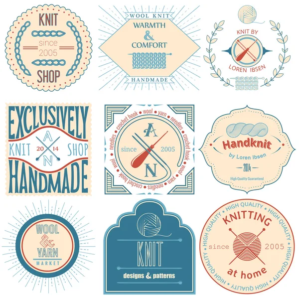 Набор винтажных вязальных этикеток, значков и элементов дизайна. Векторная иллюстрация — стоковый вектор