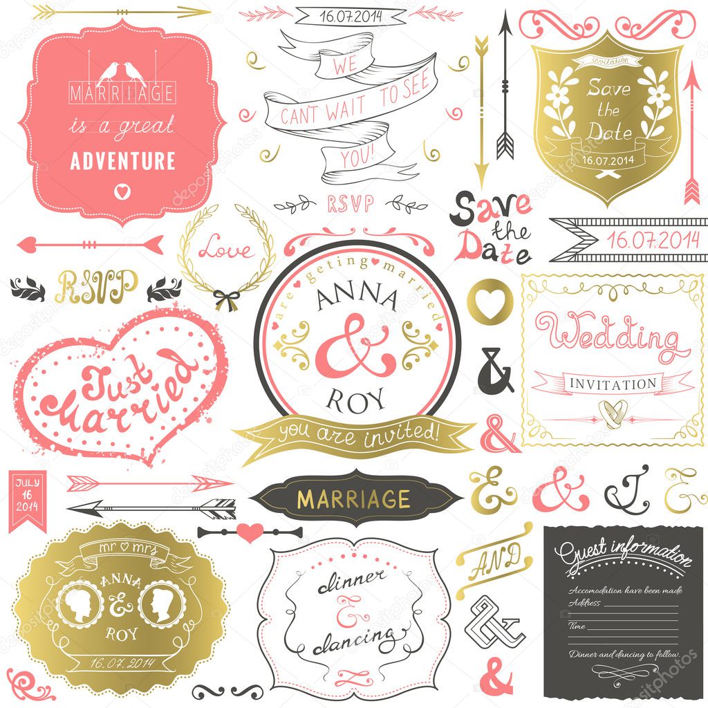 Retro hand drawn elements for wedding invitations, greetings, guest information in delicate colors. Vector illustration.