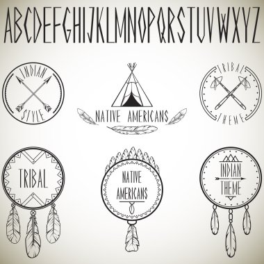 Collection of tribal design elements and alphabet. Vector illustration. clipart
