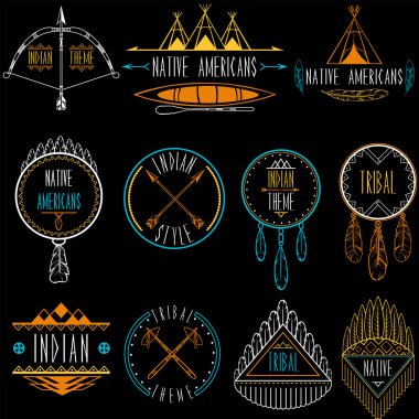 Collection of badges and labels in indian tribal style. Vector illustration. clipart