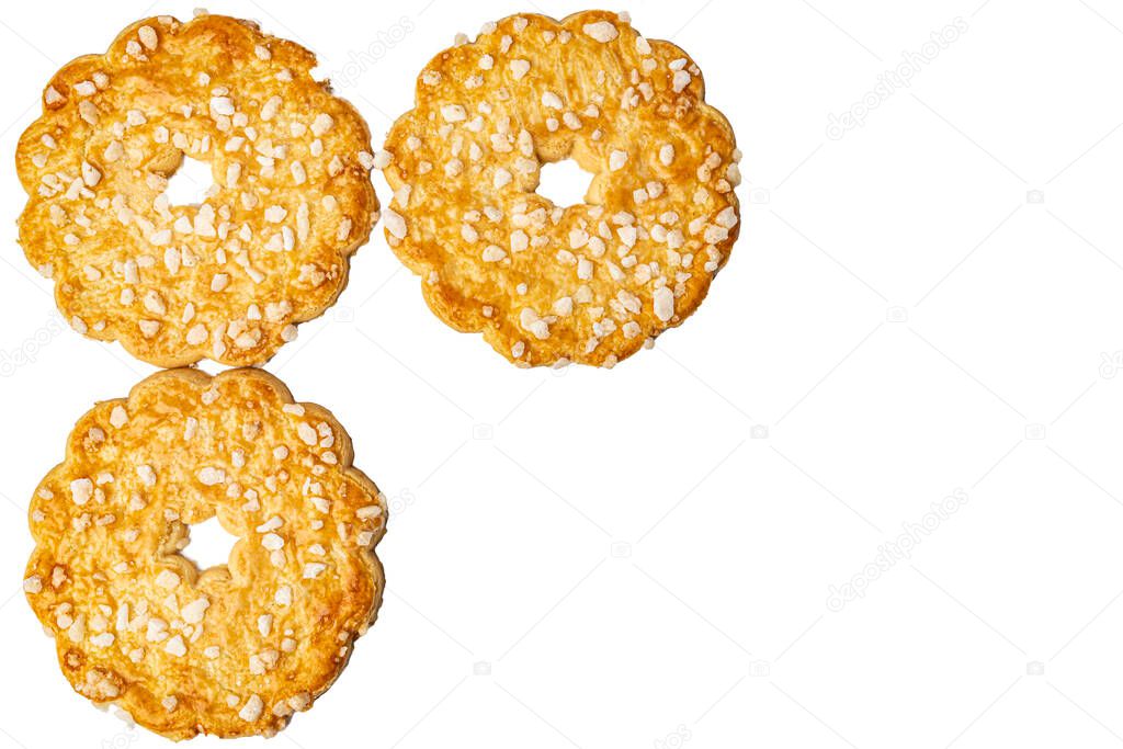 three round cookies on white background copy space