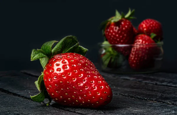 Ripe Strawberries Black Background Close — Photo