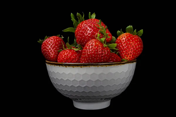 Strawberries White Plate Black Background Closeup — Photo
