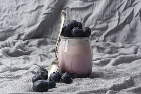 Blueberry yogurt with fresh blueberries. Super healthy food vegetarian vegan food. Dietary food