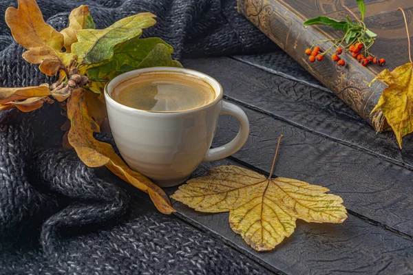 Kleurrijke Herfst Esdoorn Bladeren Boek Kopje Koffie Houten Textuur Hoge — Stockfoto