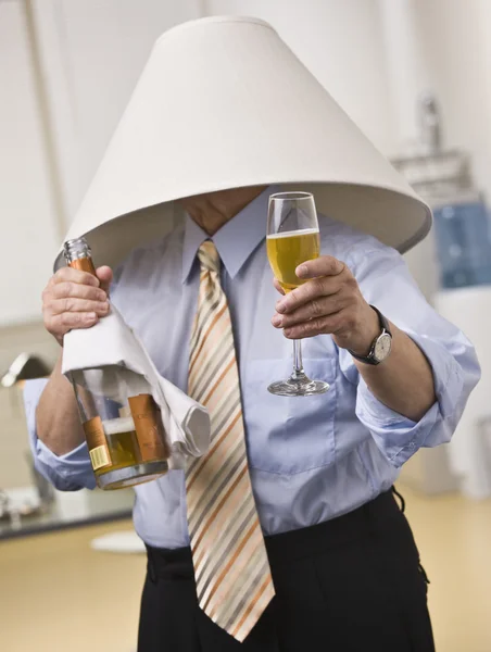 Male with Champagne Wearing a Lampshade — Stock Photo, Image