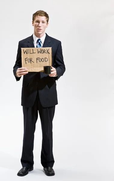 Businessman with sign ill work for food — Stock Photo, Image