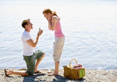 Boyfriend proposing to girlfriend near stream clipart