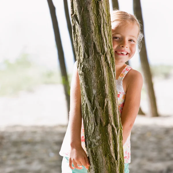 Дівчина ховається за деревом — стокове фото