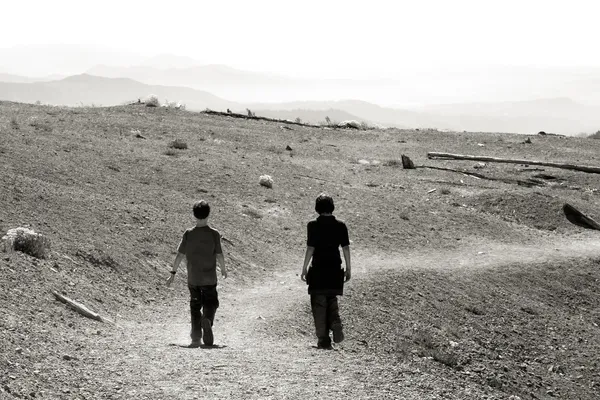 Два мальчика в походе по ветреной гряде, Маунт-Сент-Хеленс Нат — стоковое фото