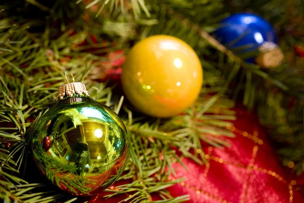 Christmas Ornaments with Douglas Fir Branch — Stock Photo, Image