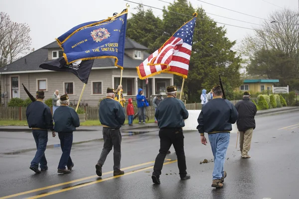 Vfw-Farbgarde marschiert an einem nebligen Tag Stockbild