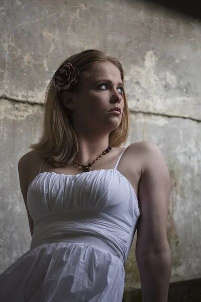 Beautiful Young Blonde Woman with White Dress — Stock Photo, Image