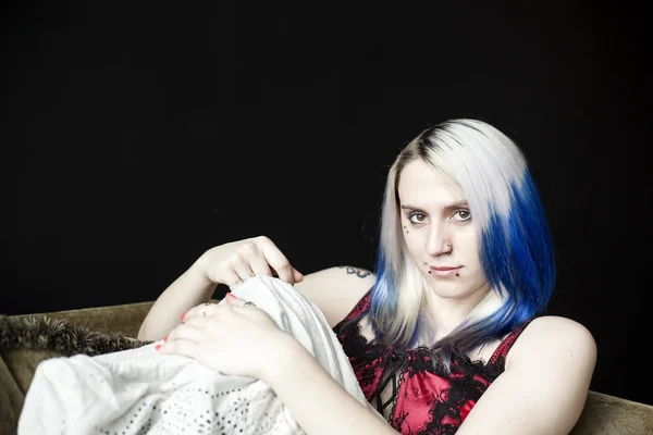 Beautiful Young Goth Woman with Blue Hair and Red Corset — Stock Photo, Image