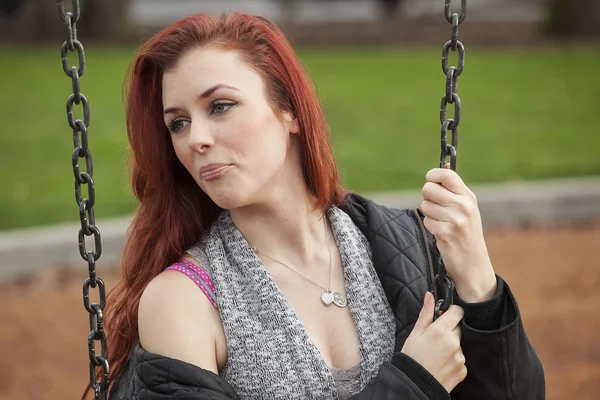 Young Woman with Beautiful Auburn Hair on a Swing — Stock Photo, Image