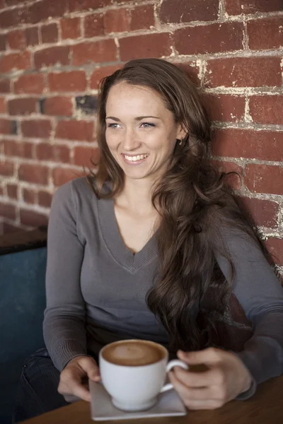 Young Woman with Beautiful Green Eyes with White Coffee Cup — Stock Photo, Image