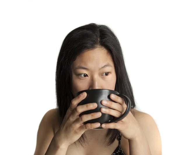 Beautiful Young Woman with Brown Hair and Eyes with Black Coffee — Stock Photo, Image