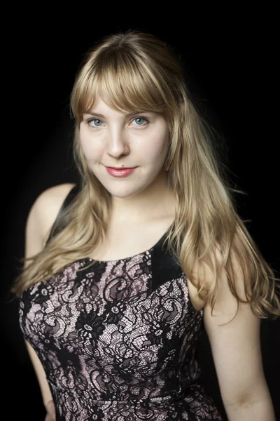 Young Woman with Beautiful Blue Eyes on Black Background — Stock Photo, Image