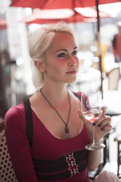 Beautiful Young Woman with Glass of White Wine — Stock Photo, Image