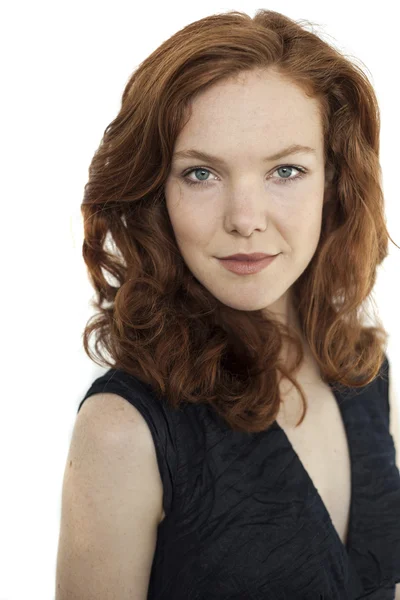 Young Woman with Beautiful Blue Eyes and Red Hair on White Backg — Stock Photo, Image