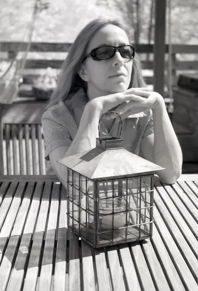 Infrared Photo of Middle Aged Woman with Lantern — Stock Photo, Image