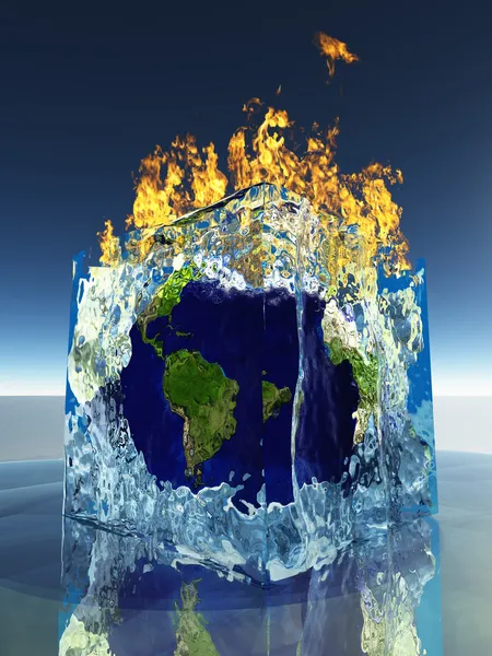 Earth inside ice cube being consumed by fire — Stock Photo, Image