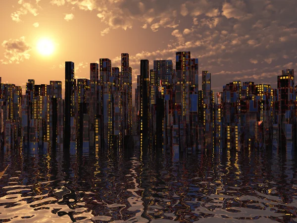 Staden på vatten solnedgången eller sunrise staden på vattnet solnedgång och soluppgång — Stockfoto