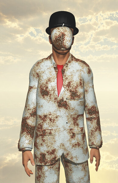 Man in white corroded suit with obscured face