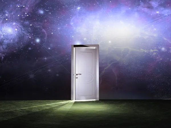 Doorway before cosmic sky — Stock Photo, Image