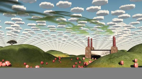 Paisaje surrealista con fábrica y cerdo moviong hacia fábrica — Foto de Stock