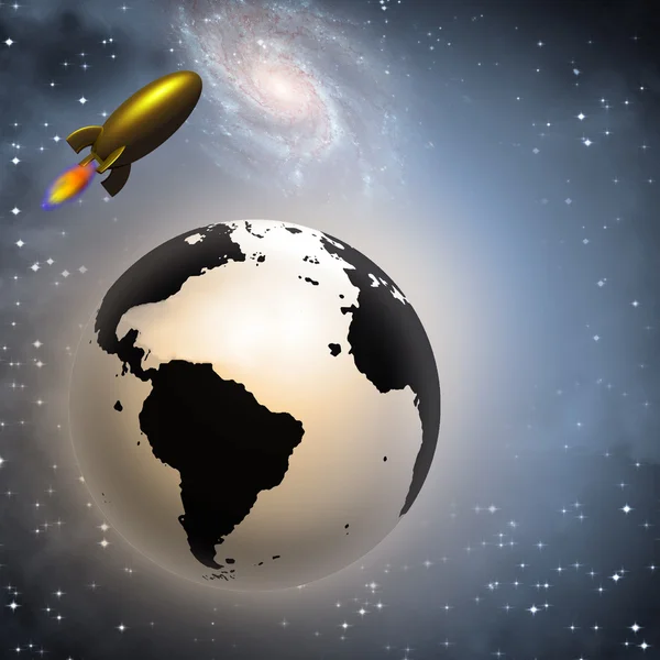 Retro stylad raket och jorden i rymden — Stockfoto
