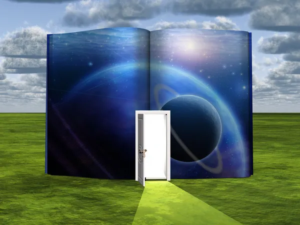 Book with science fiction scene and open doorway of light — Stock Photo, Image