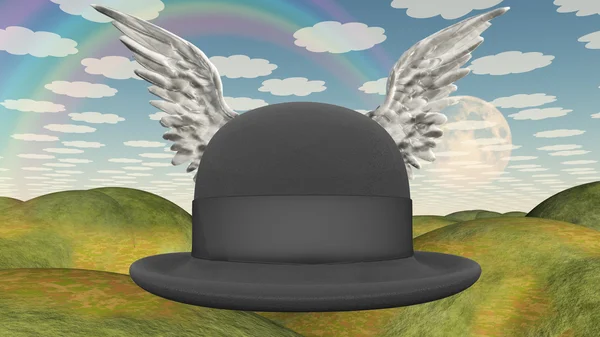 Winged Hat in surreal landscape — Stock Photo, Image