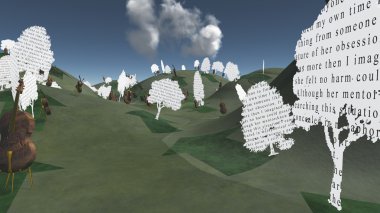 Paper trees with text and Cellos sit in hilly landscape clipart