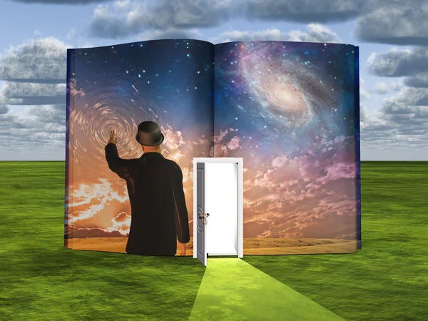 Bok med science fiction scen och öppen dörr av ljus — Stockfoto