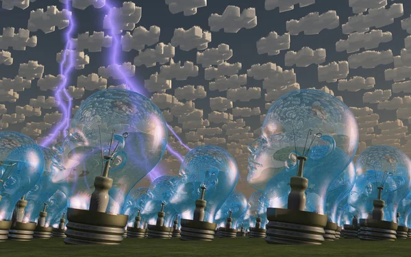 Multitude of human head shaped bulbs under puzzle clouds — Stock Photo, Image