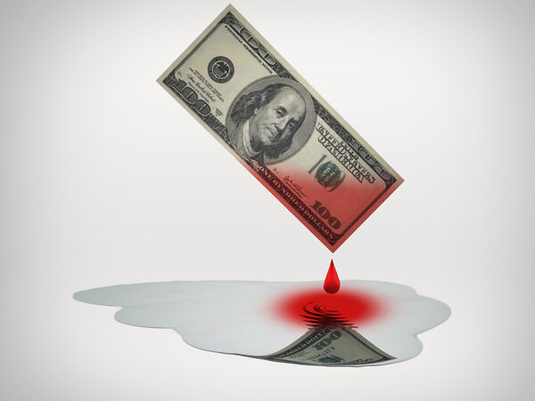 Blood money drips into puddle of fresh water