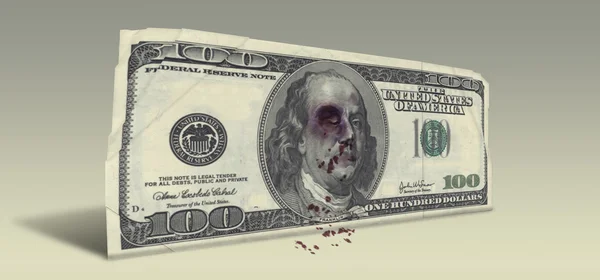 US Hundred Dollar bill with Beaten Ben Franklin — Stock Photo, Image