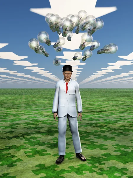 Idee bollen met aanwijseffect bovenstaande mans hoofd in symbolische landschap — Stockfoto