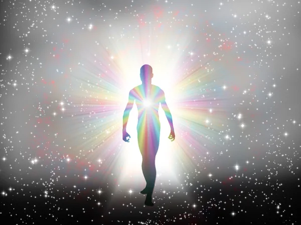 Man in rainbow light and stars — Stock Photo, Image