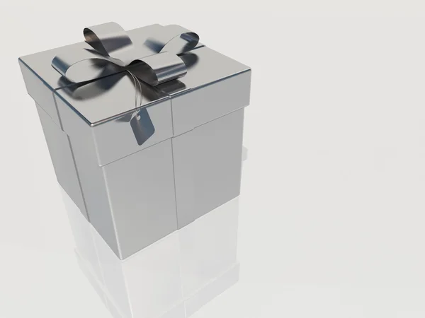 Серебряная подарочная коробка с лентой и луком — стоковое фото