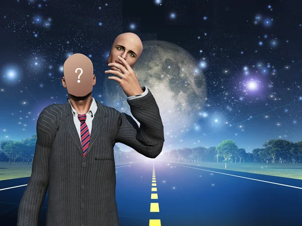 Человек удаляет лицо показывая запрос, стоя на шоссе — стоковое фото